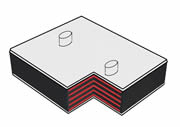 An elastomeric bearing with two outer steel plates and two pins.